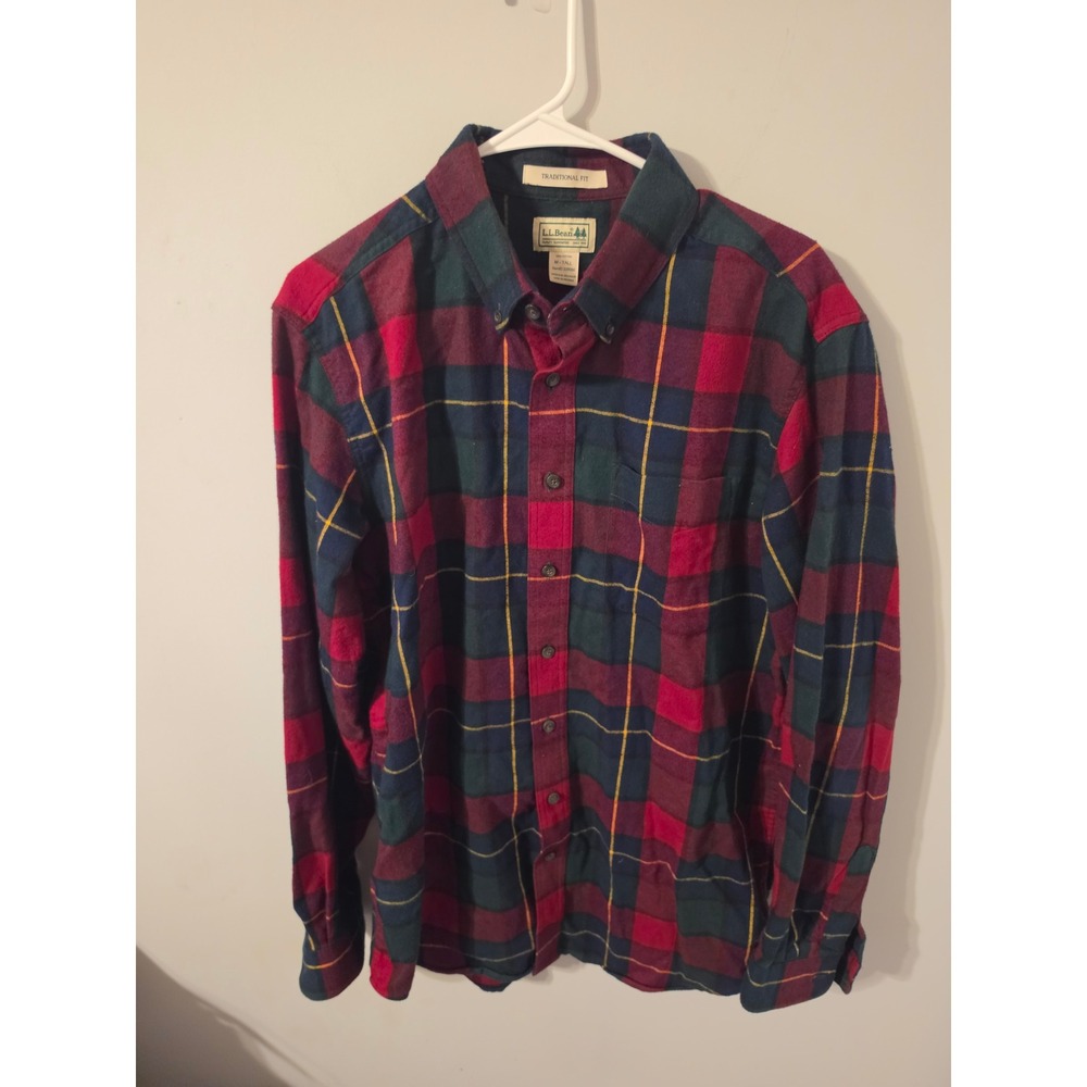 LL Bean Flannel Shirt Men M Tall Red Scotch Plaid Casual Traditional Fit Button
